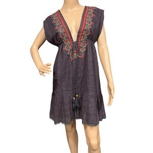 FLYING TOMATO Deep V-Neck Embroidered Tunic Mini Dress Purple BOHEMIAN Sz S